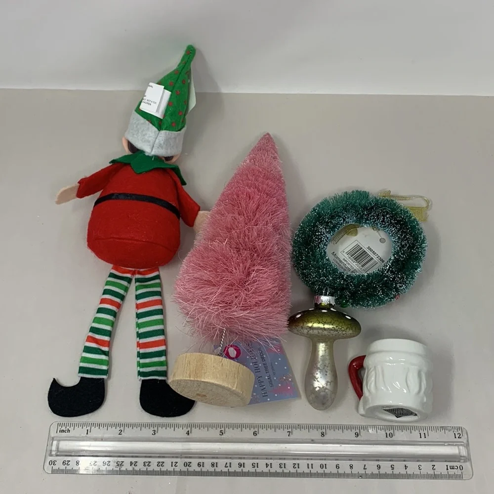 5 pc Christmas decor ornament lot Tree Wreath Elf Santa cup glass mushroom NEW - Picture 17 of 17